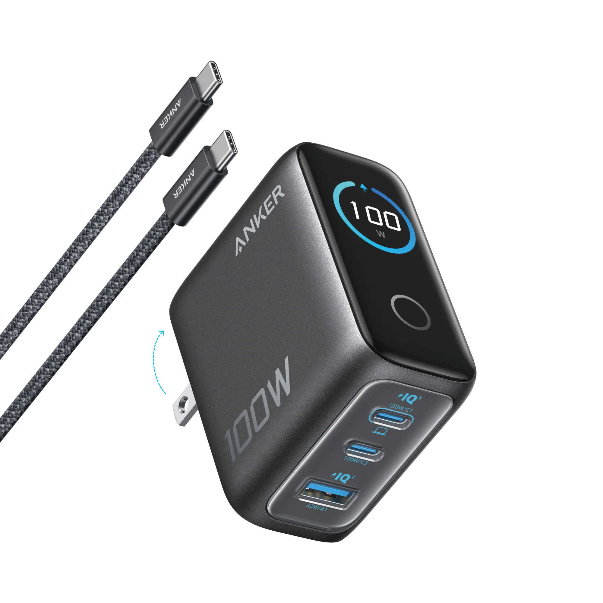Anker Charger (100W, 3 Ports, Smart Display)