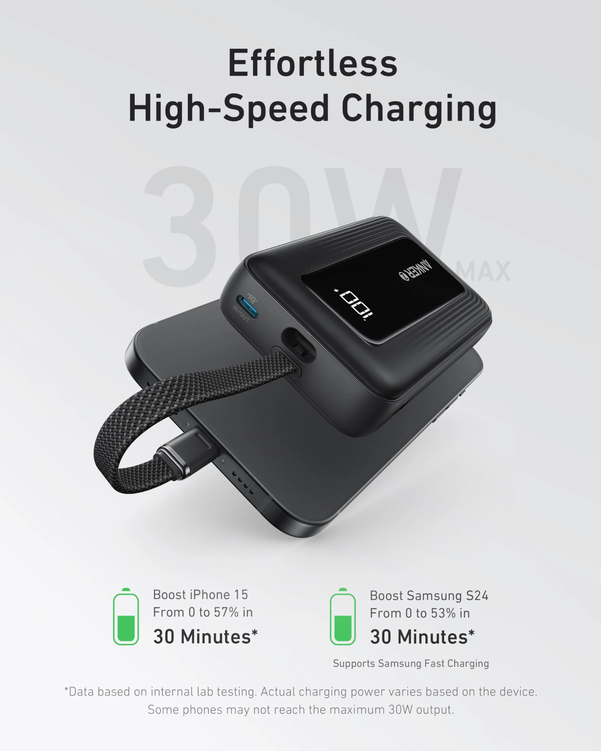 Refurbished Anker Zolo Power Bank (10K, 30W) with a 5.4-inch (13.7 cm) built-in USB-C cable. - Image 2