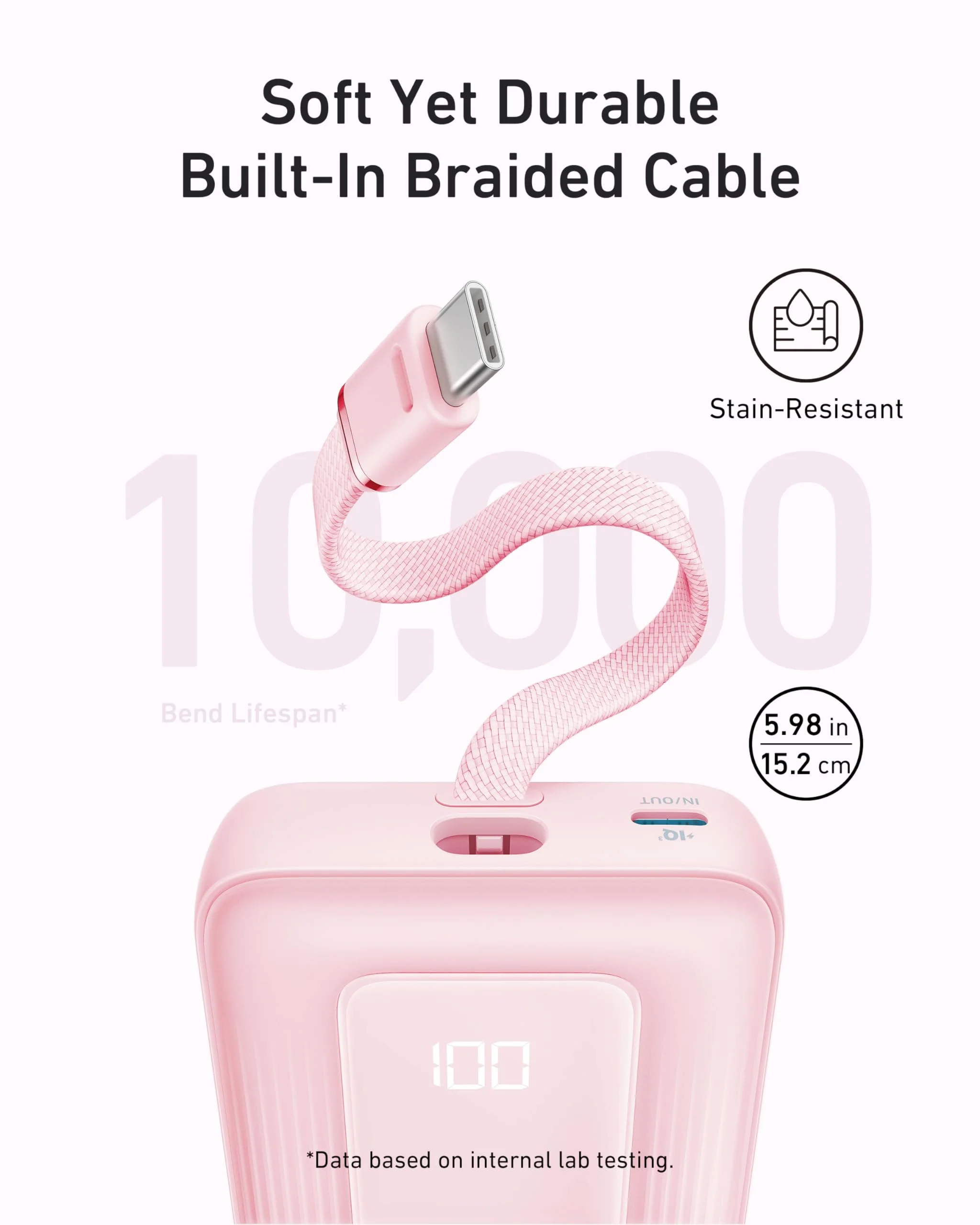 Refurbished Anker Zolo Power Bank (10K, 30W) with a 5.4-inch (13.7 cm) built-in USB-C cable. - Image 3