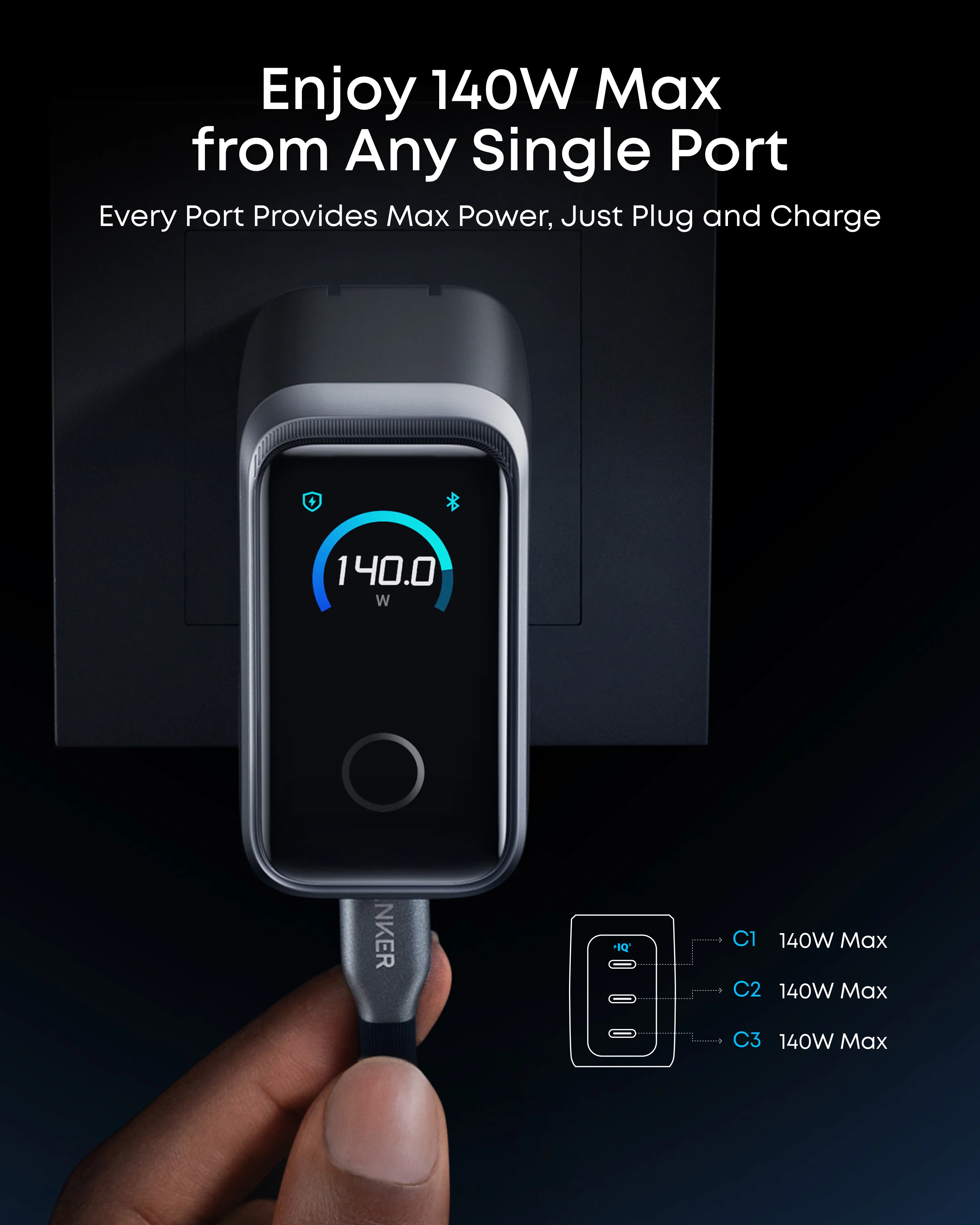 Anker Prime Charger (160W, 3 Ports, Smart Display) and Anker Prime USB-C to USB-C Cable (240W, Upcycled-Braided) - Image 4