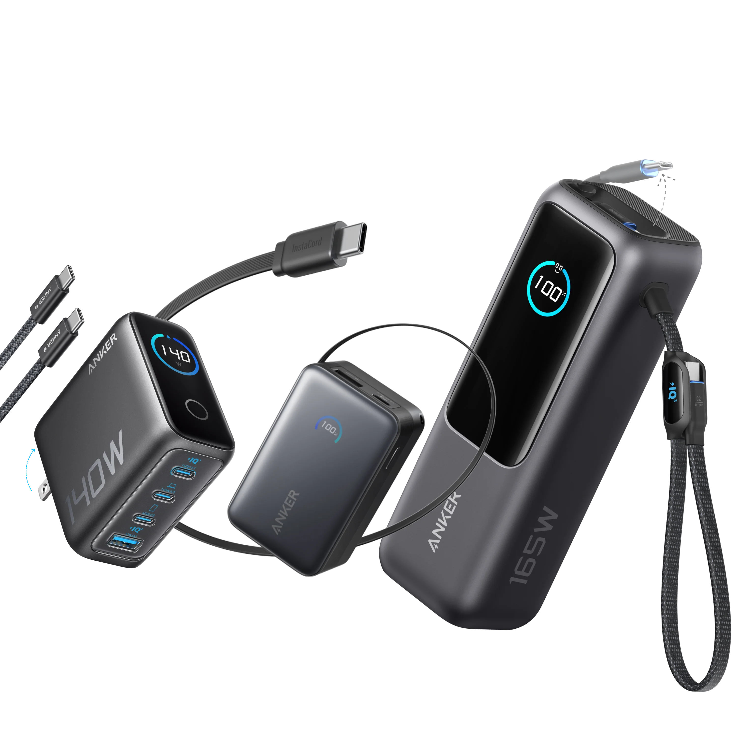 Anker Laptop Power Bank (25K, 165W, Built-In and Retractable Cables) and Anker Laptop Charger (140W, 4-Port, PD 3.1) with USB-C Cable and Anker Nano Power Bank (10K, 45W, Built-In Retractable USB-C Cable)