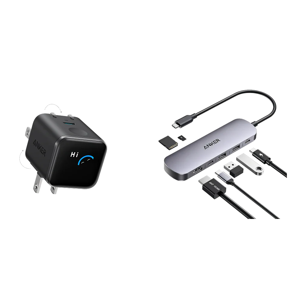 Anker USB-C Hub (7-in-1) and Anker Nano Charger (45W, Smart Display, 180° Foldable)